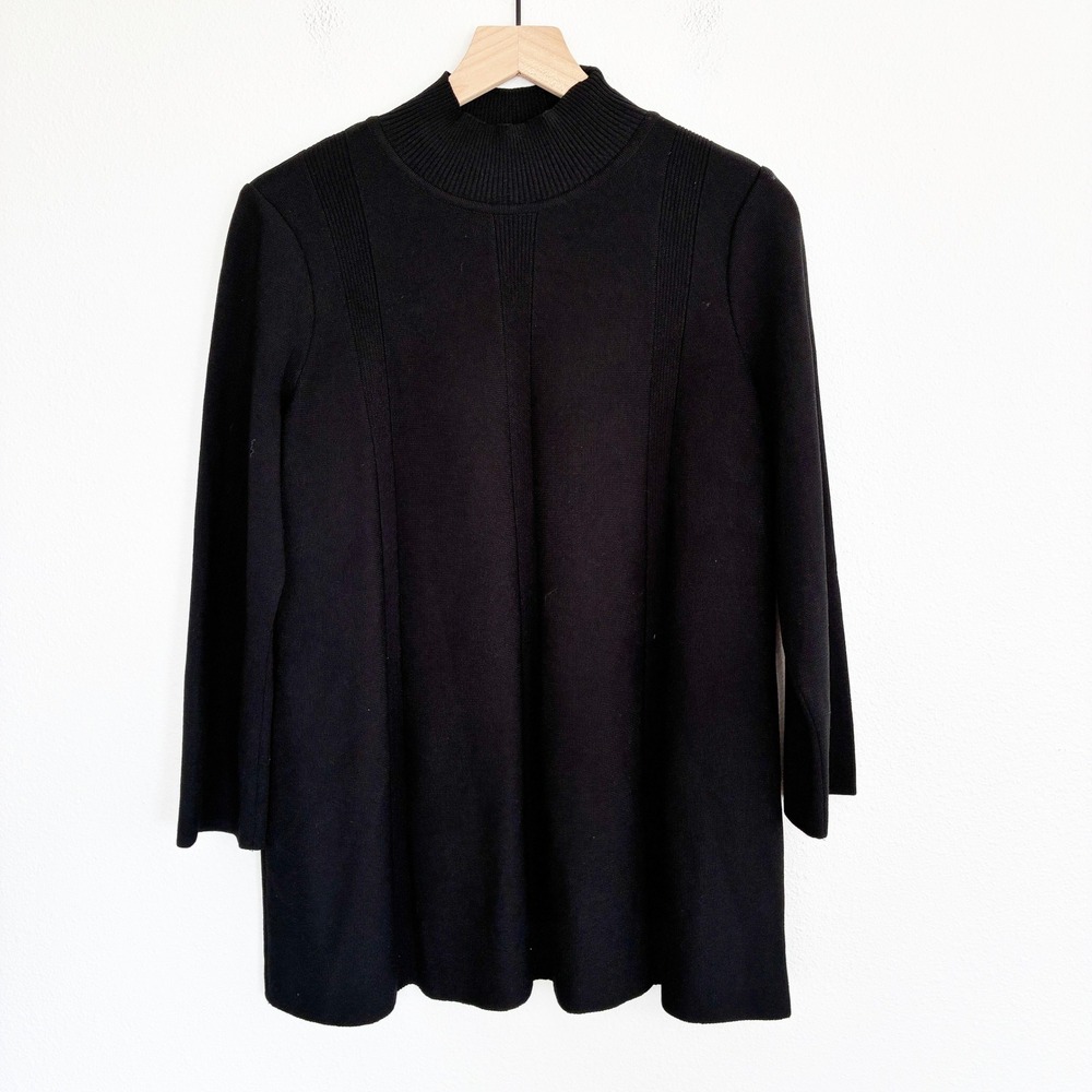 Ming Wang Knit Tunic Sweater Womens M Black Mock Neck Ribbed Long Sleeve Classic